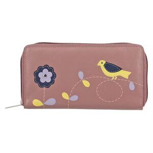 Purple Floral Pattern 100% Genuine Leather RFID Protected Wallet NEW
